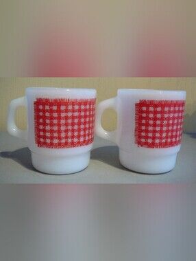 2 Anchor Hocking Fire King Stacking Mugs Cups Red Gingham Check Pattern